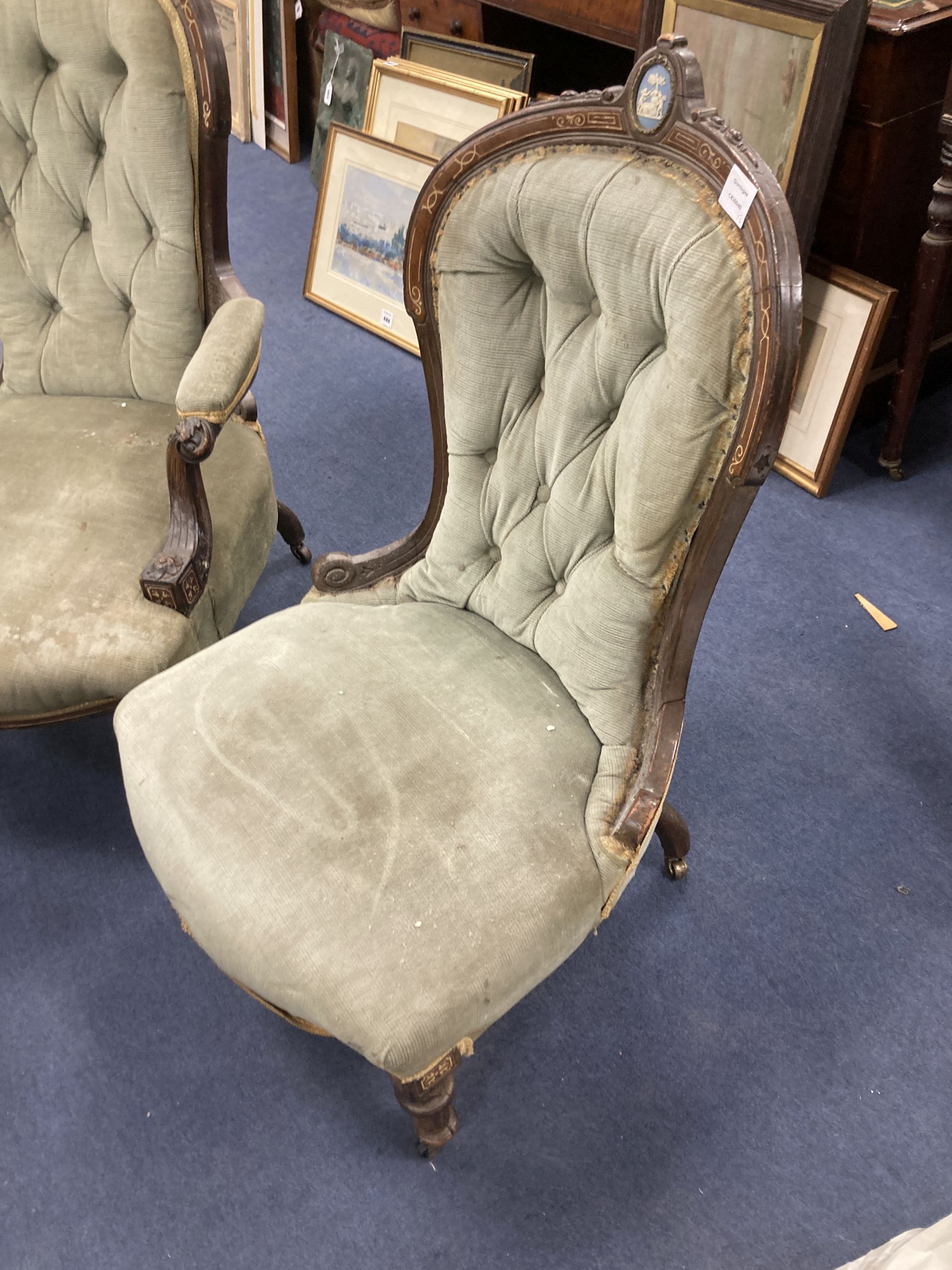 A pair of Victorian spoonback chairs, inset oval jasper plaques (one with arms)